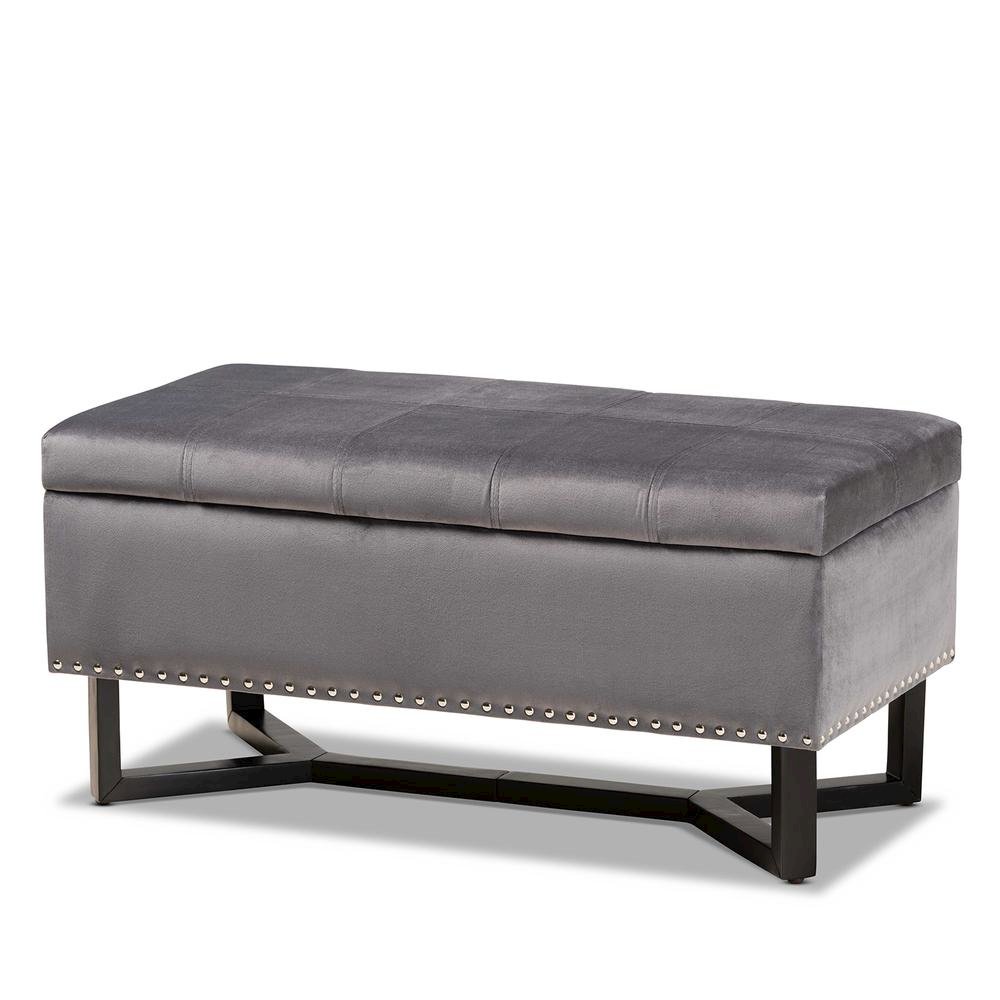 Grey Velvet Fabric Upholstered and Dark Brown Finished Wood Storage Ottoman. Picture 12