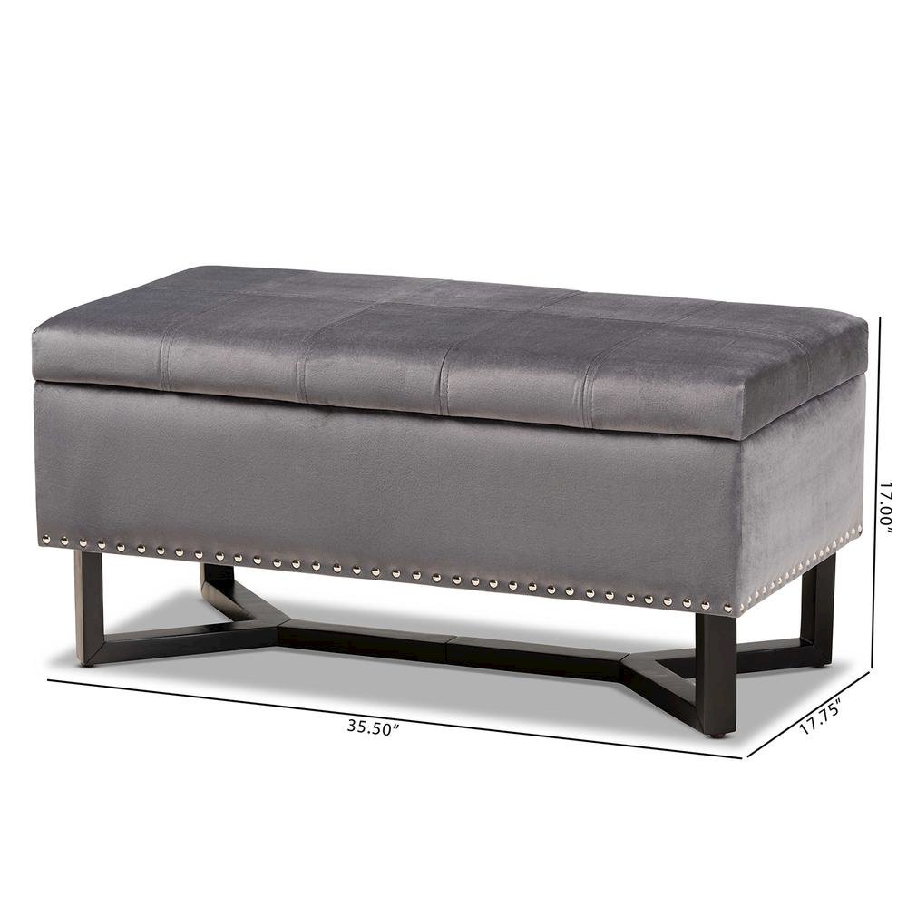 Grey Velvet Fabric Upholstered and Dark Brown Finished Wood Storage Ottoman. Picture 22