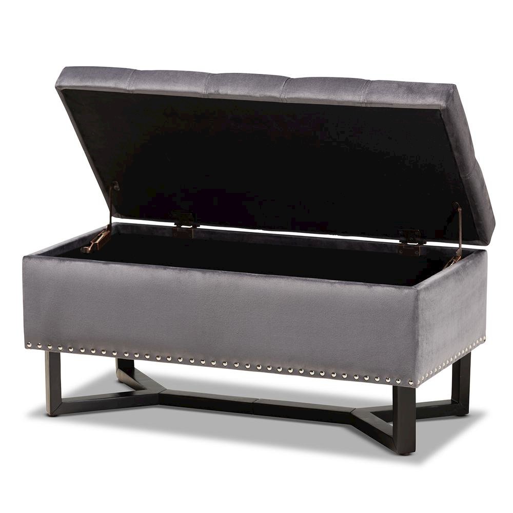 Grey Velvet Fabric Upholstered and Dark Brown Finished Wood Storage Ottoman. Picture 13