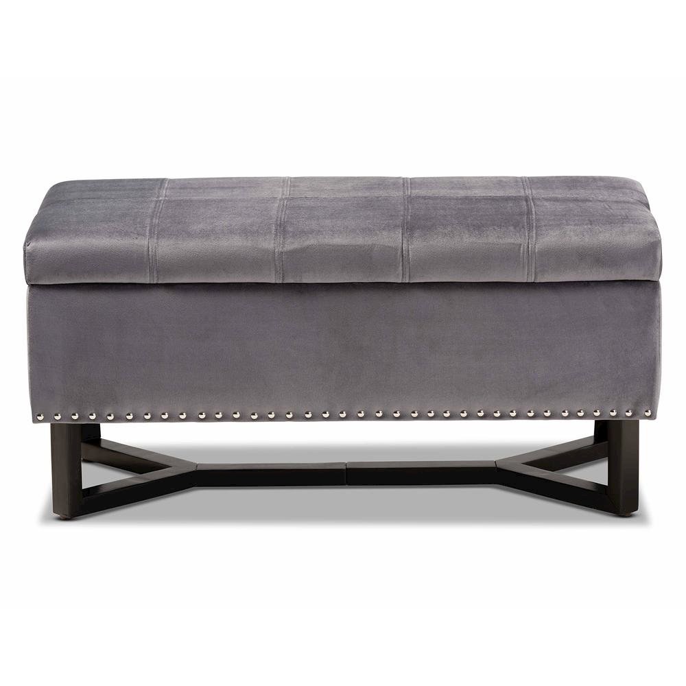Grey Velvet Fabric Upholstered and Dark Brown Finished Wood Storage Ottoman. Picture 14
