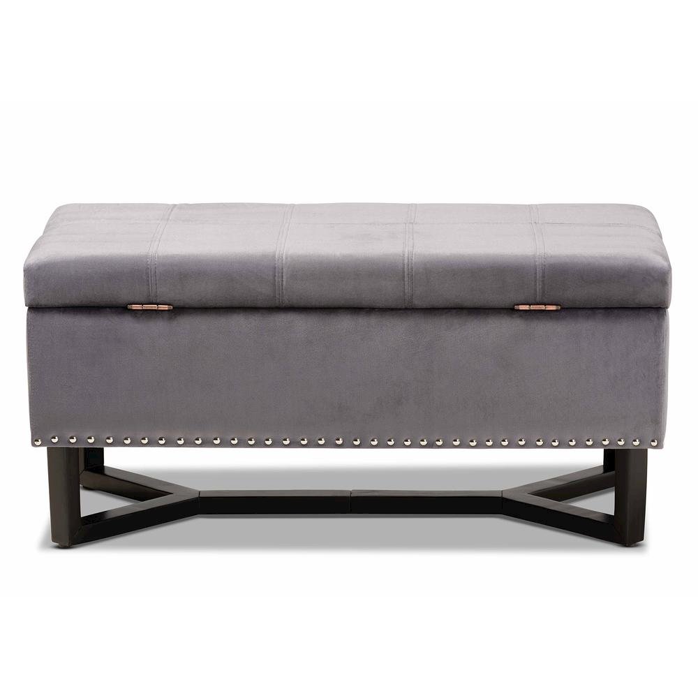 Grey Velvet Fabric Upholstered and Dark Brown Finished Wood Storage Ottoman. Picture 16