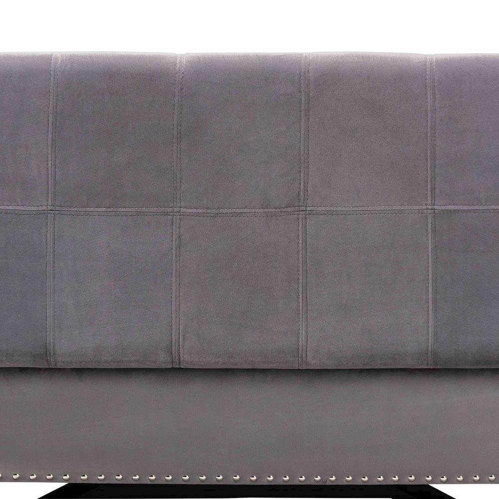 Grey Velvet Fabric Upholstered and Dark Brown Finished Wood Storage Ottoman. Picture 17