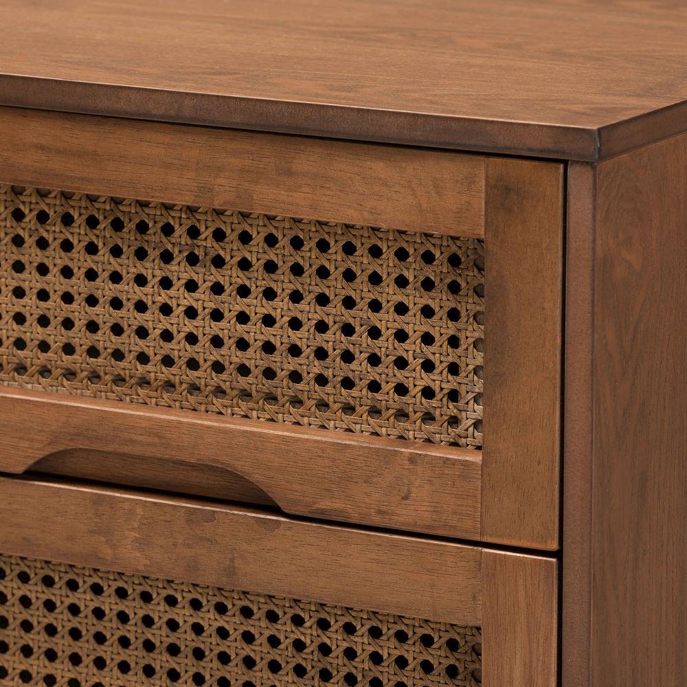 Modern Walnut Brown Finished Wood and Synthetic Rattan 2-Drawer Nightstand. Picture 16