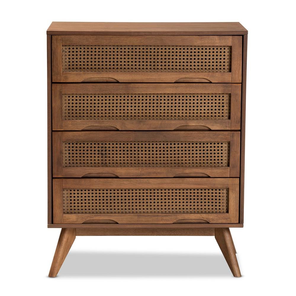 Modern Walnut Brown Finished Wood and Synthetic Rattan 4-Drawer Chest. Picture 14