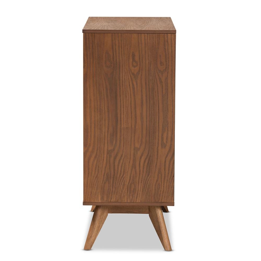 Modern Walnut Brown Finished Wood and Synthetic Rattan 4-Drawer Chest. Picture 15