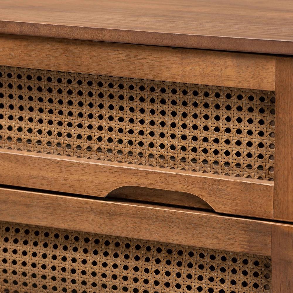 Modern Walnut Brown Finished Wood and Synthetic Rattan 4-Drawer Chest. Picture 16