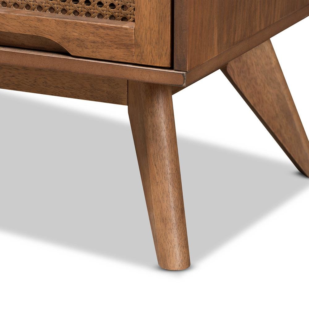Modern Walnut Brown Finished Wood and Synthetic Rattan 4-Drawer Chest. Picture 17