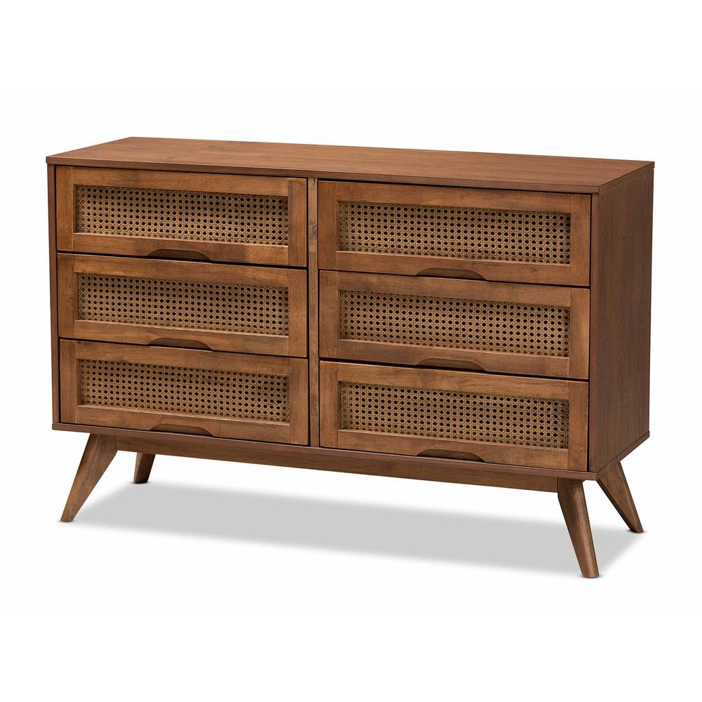 Modern Walnut Brown Finished Wood and Synthetic Rattan 6-Drawer Dresser. Picture 12