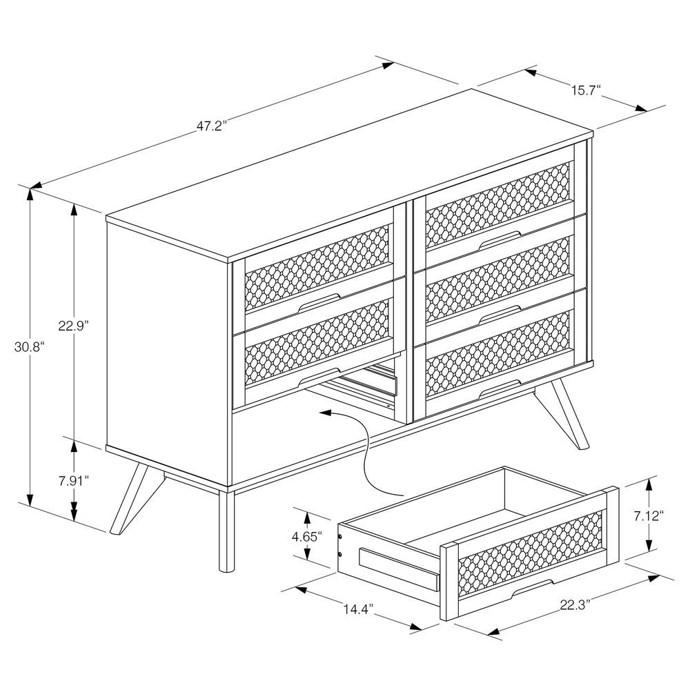 Modern Walnut Brown Finished Wood and Synthetic Rattan 6-Drawer Dresser. Picture 22