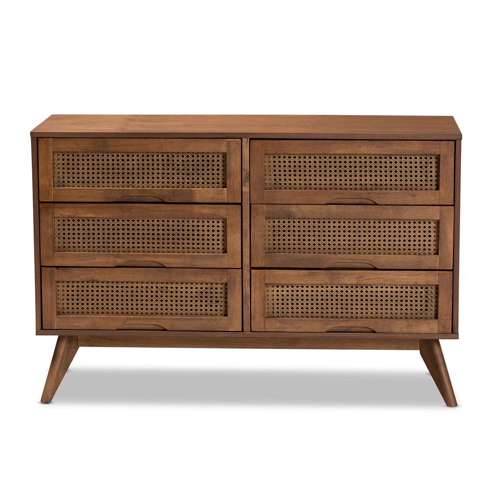 Modern Walnut Brown Finished Wood and Synthetic Rattan 6-Drawer Dresser. Picture 14