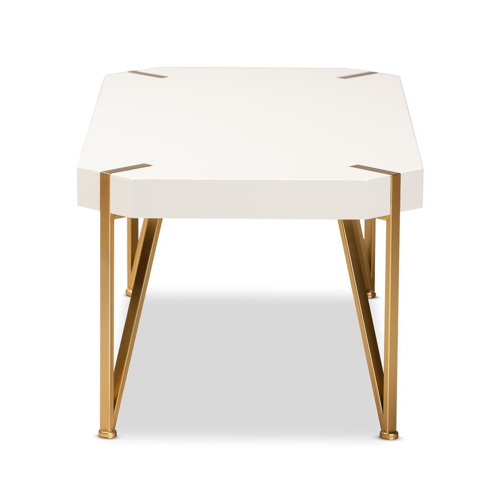 Glam and Luxe Brushed Gold Metal and White Finished Wood Coffee Table. Picture 11