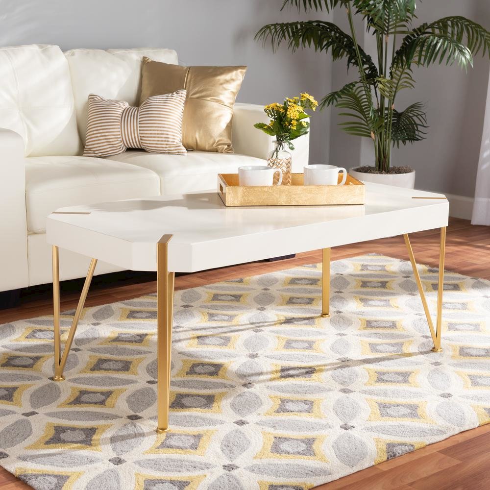Glam and Luxe Brushed Gold Metal and White Finished Wood Coffee Table. Picture 14