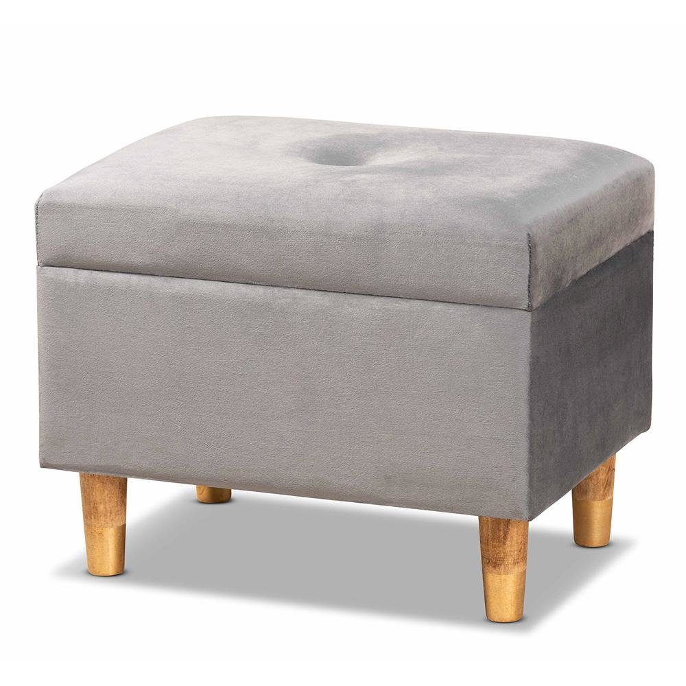 Grey Velvet Fabric Upholstered and Oak Brown Finished Wood Storage Ottoman. Picture 12