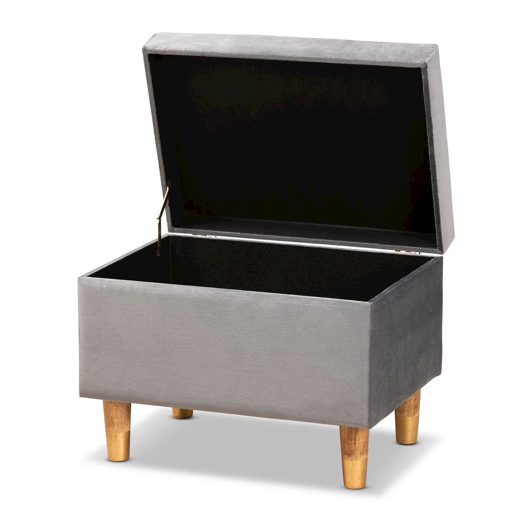 Grey Velvet Fabric Upholstered and Oak Brown Finished Wood Storage Ottoman. Picture 13