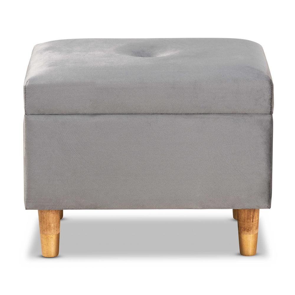 Grey Velvet Fabric Upholstered and Oak Brown Finished Wood Storage Ottoman. Picture 14