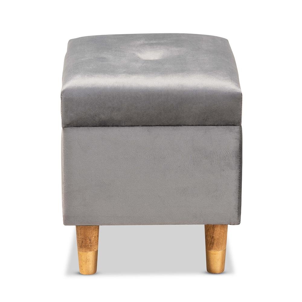 Grey Velvet Fabric Upholstered and Oak Brown Finished Wood Storage Ottoman. Picture 15
