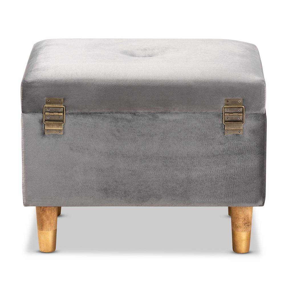 Grey Velvet Fabric Upholstered and Oak Brown Finished Wood Storage Ottoman. Picture 16