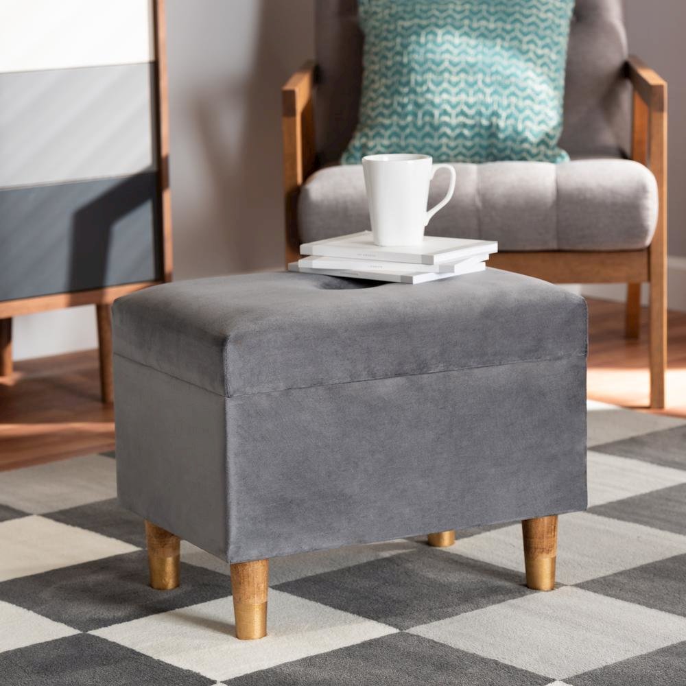 Grey Velvet Fabric Upholstered and Oak Brown Finished Wood Storage Ottoman. Picture 19