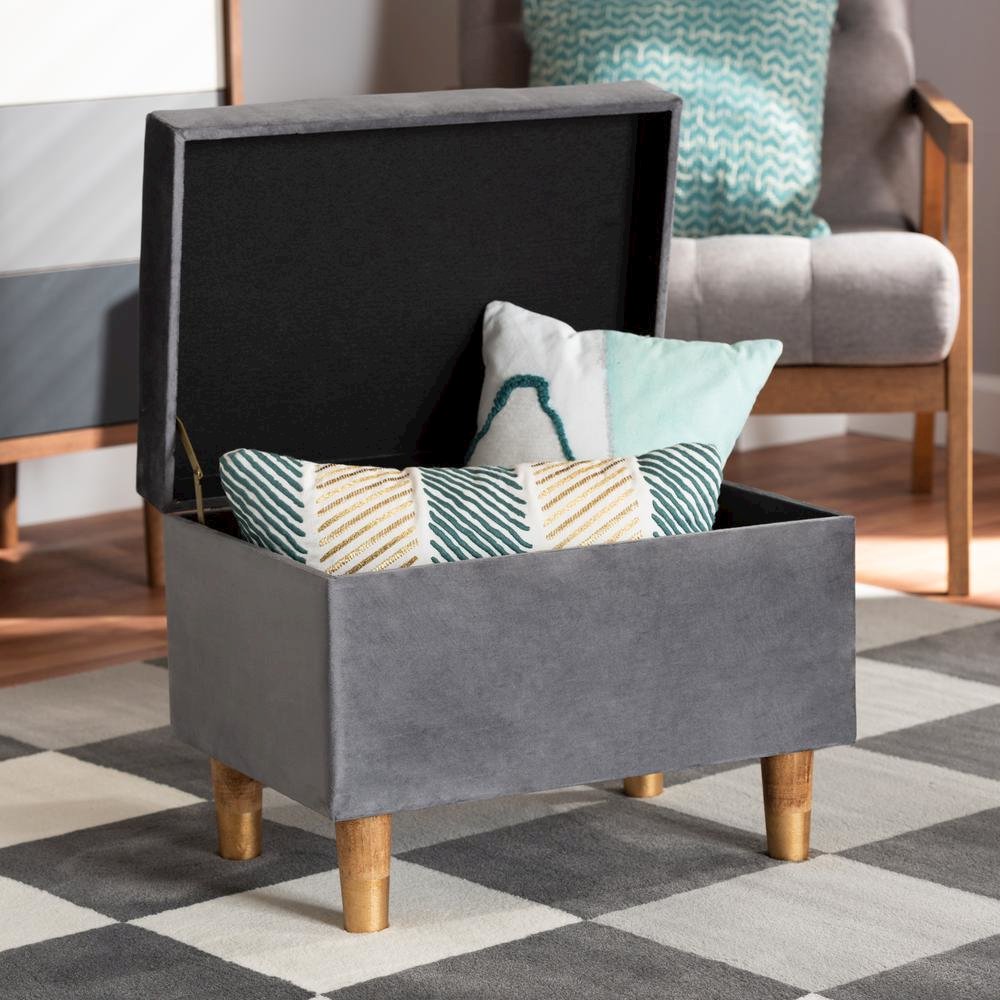 Grey Velvet Fabric Upholstered and Oak Brown Finished Wood Storage Ottoman. Picture 20