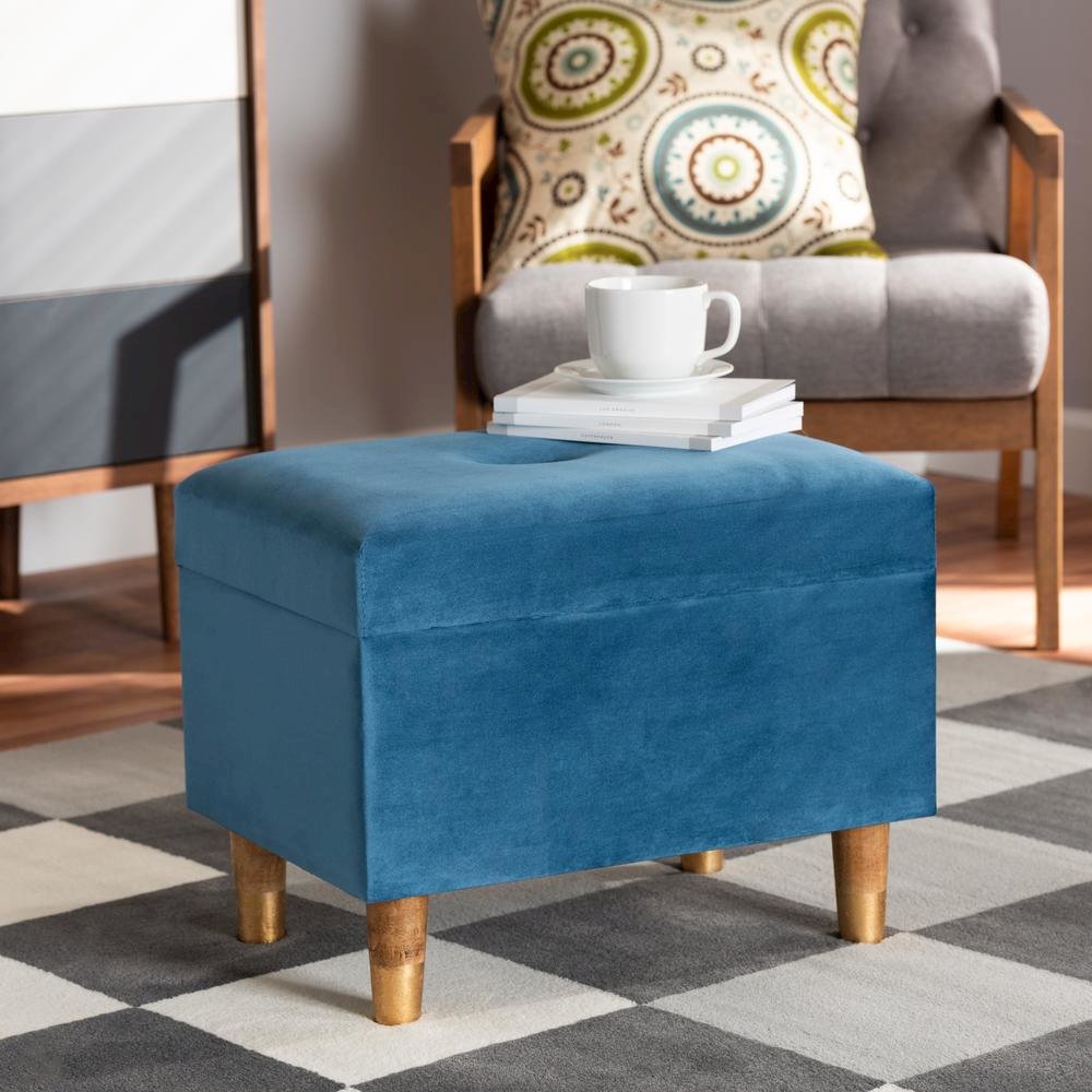 Sky Blue Velvet Fabric Upholstered and Oak Brown Finished Wood Storage Ottoman. Picture 19