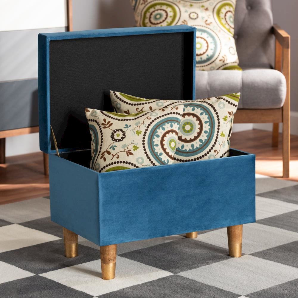 Sky Blue Velvet Fabric Upholstered and Oak Brown Finished Wood Storage Ottoman. Picture 20