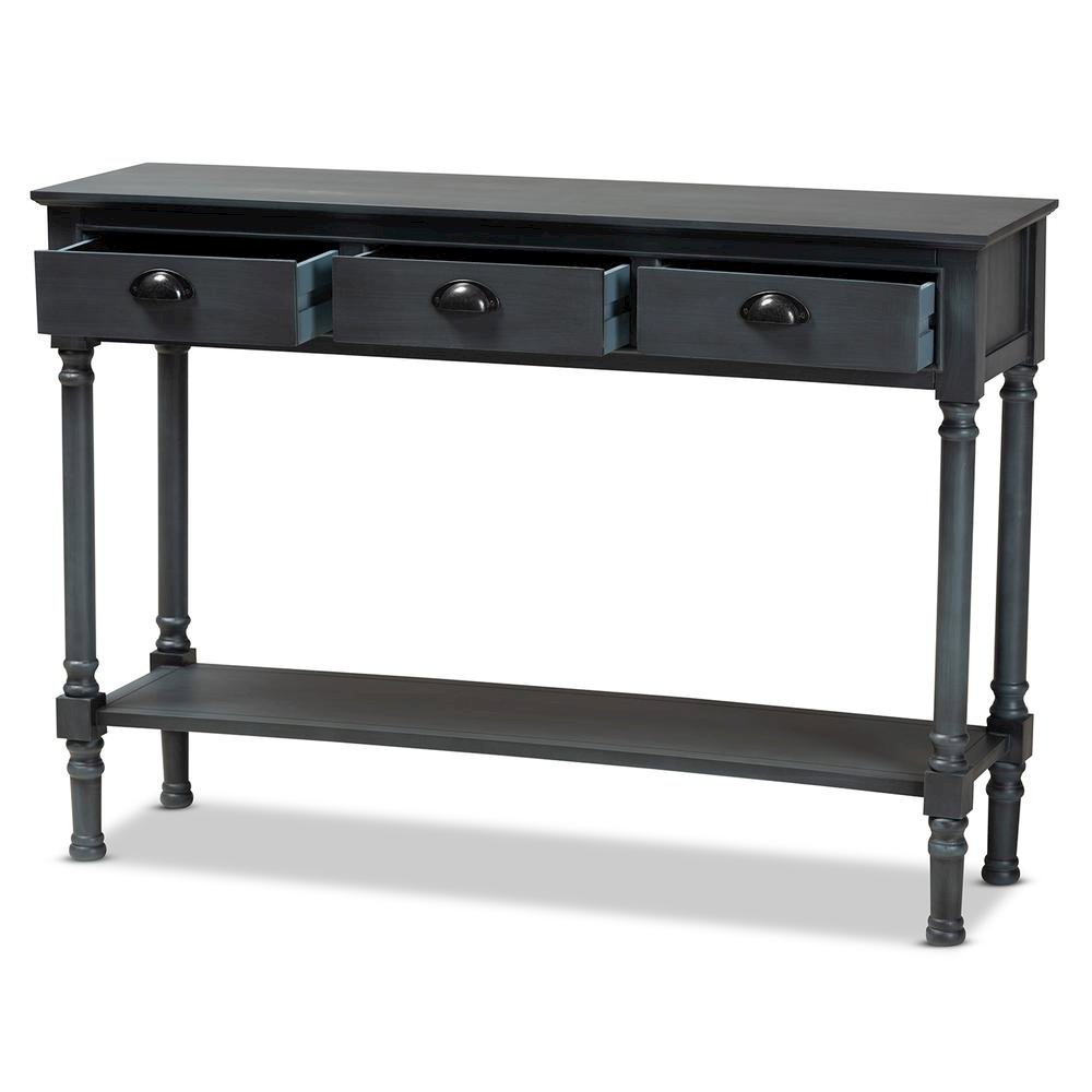 Garvey French Provincial Dark Blue Gray Wood 3-Drawer Entryway Console Table. Picture 11