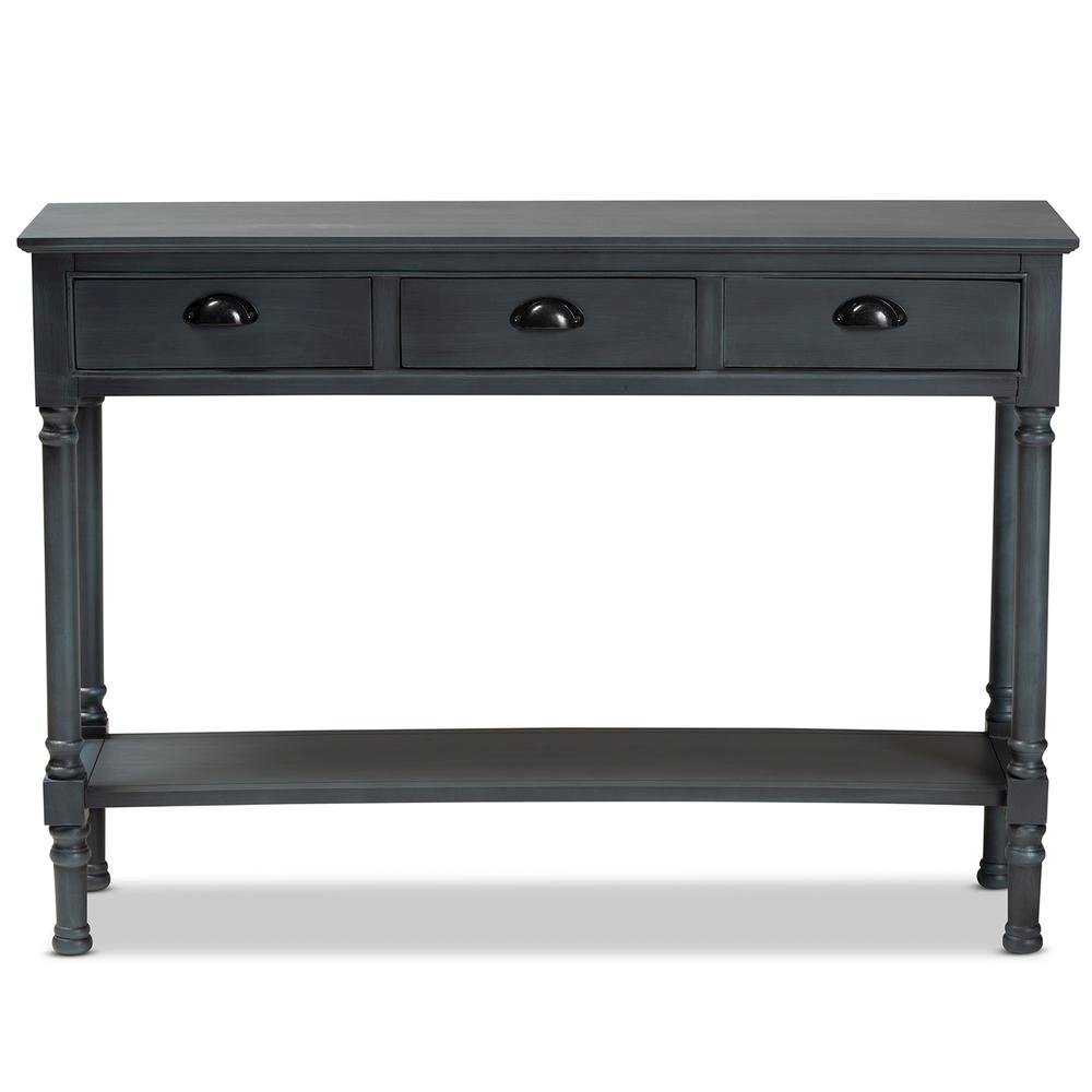 Garvey French Provincial Dark Blue Gray Wood 3-Drawer Entryway Console Table. Picture 12