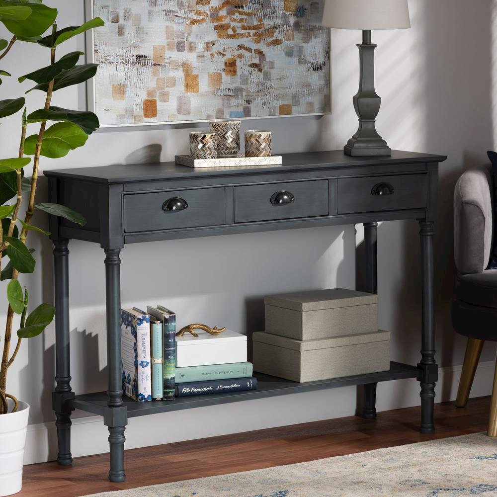 Garvey French Provincial Dark Blue Gray Wood 3-Drawer Entryway Console Table. Picture 16