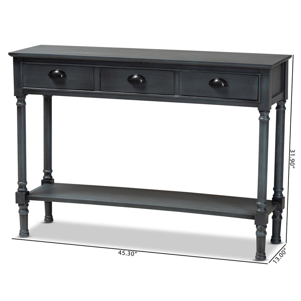 Garvey French Provincial Dark Blue Gray Wood 3-Drawer Entryway Console Table. Picture 18