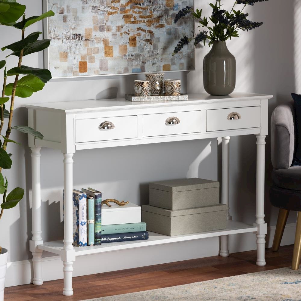 Garvey French Provincial White Finished Wood 3-Drawer Entryway Console Table. Picture 16
