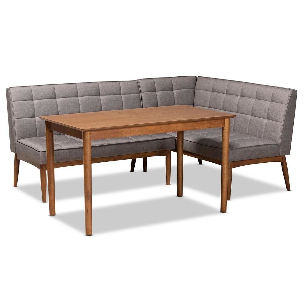 Grey Fabric Upholstered and Walnut Brown Finished Wood 3-Piece Dining Nook Set. Picture 11