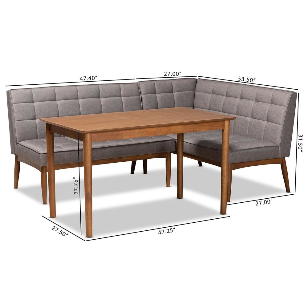 Grey Fabric Upholstered and Walnut Brown Finished Wood 3-Piece Dining Nook Set. Picture 20