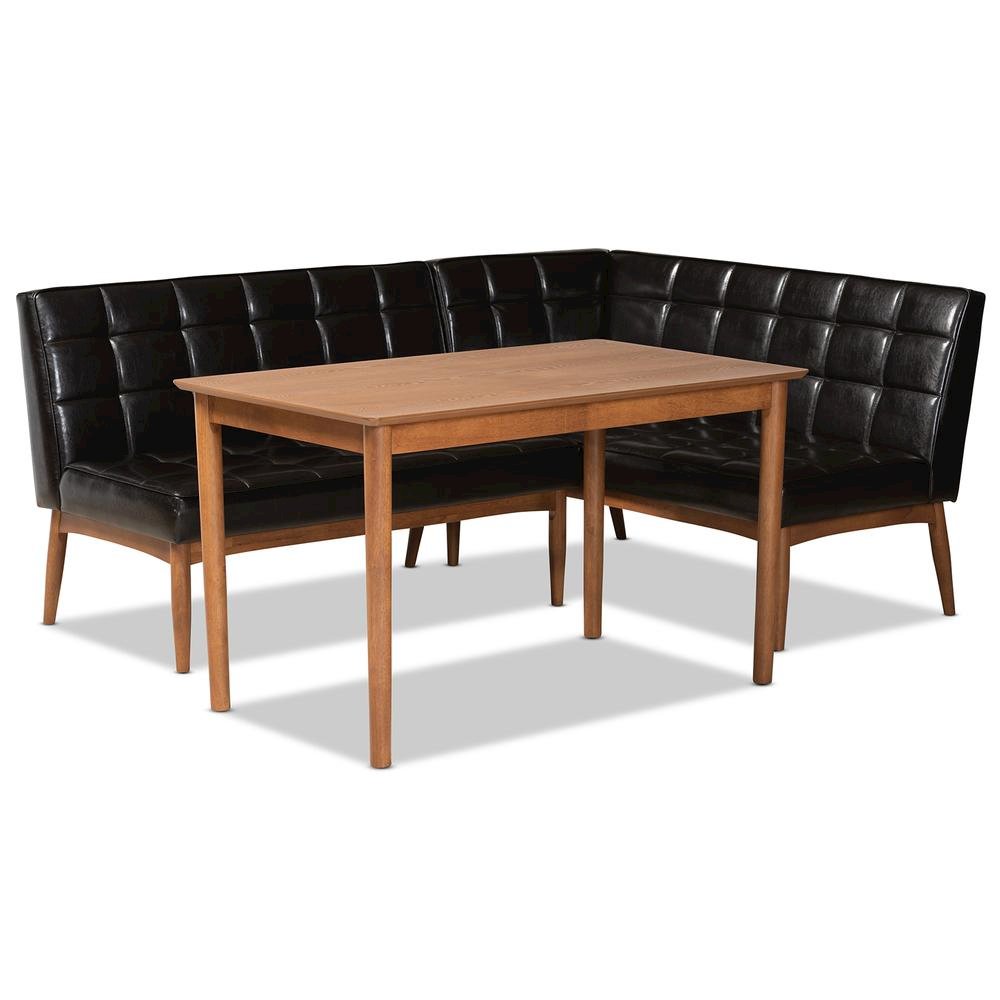 Leather Upholstered and Walnut Brown Finished Wood 3-Piece Dining Nook Set. Picture 11