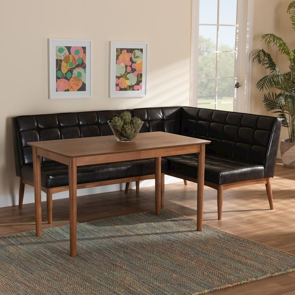 Leather Upholstered and Walnut Brown Finished Wood 3-Piece Dining Nook Set. Picture 18