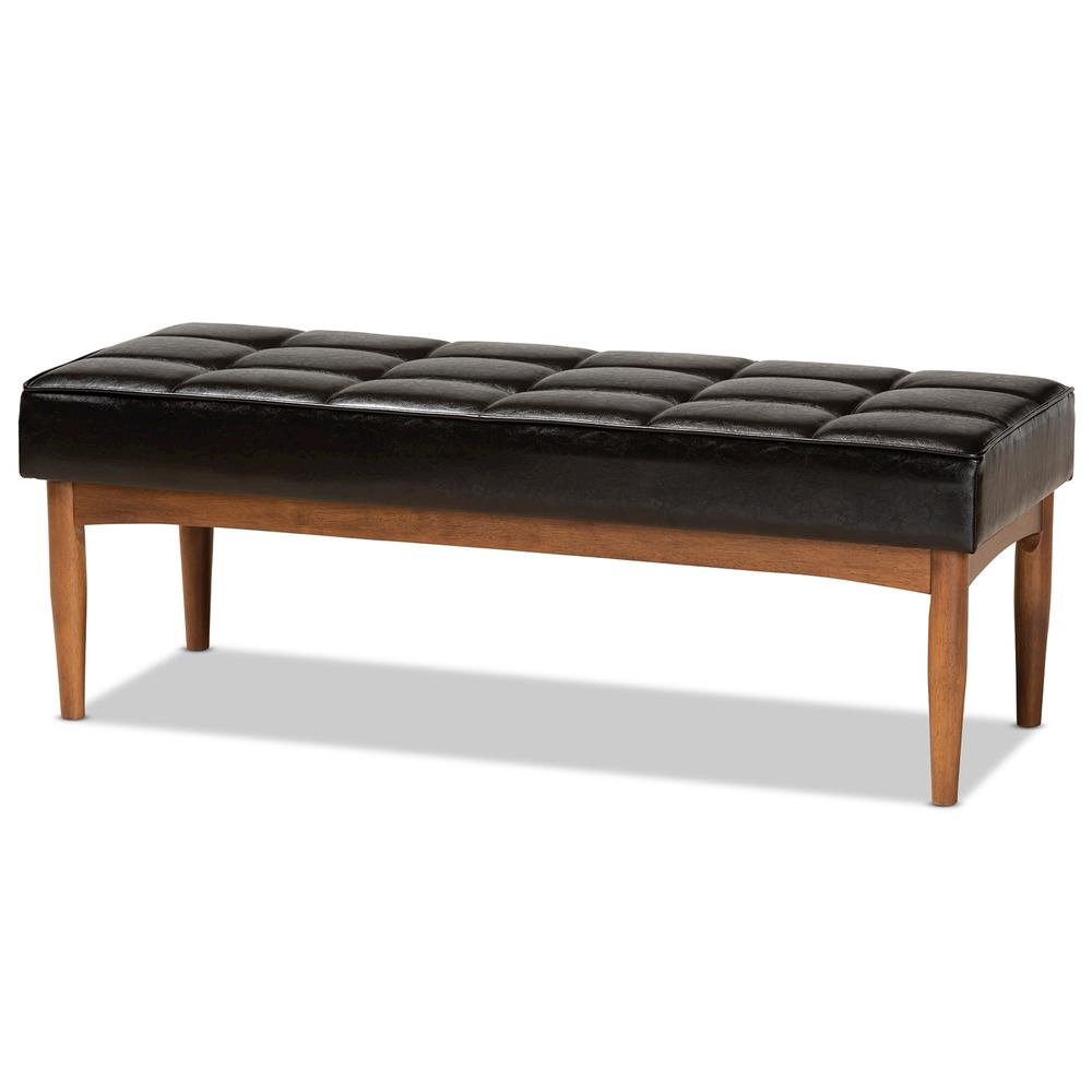 Leather Upholstered and Walnut Brown Finished Wood Dining Bench. Picture 9
