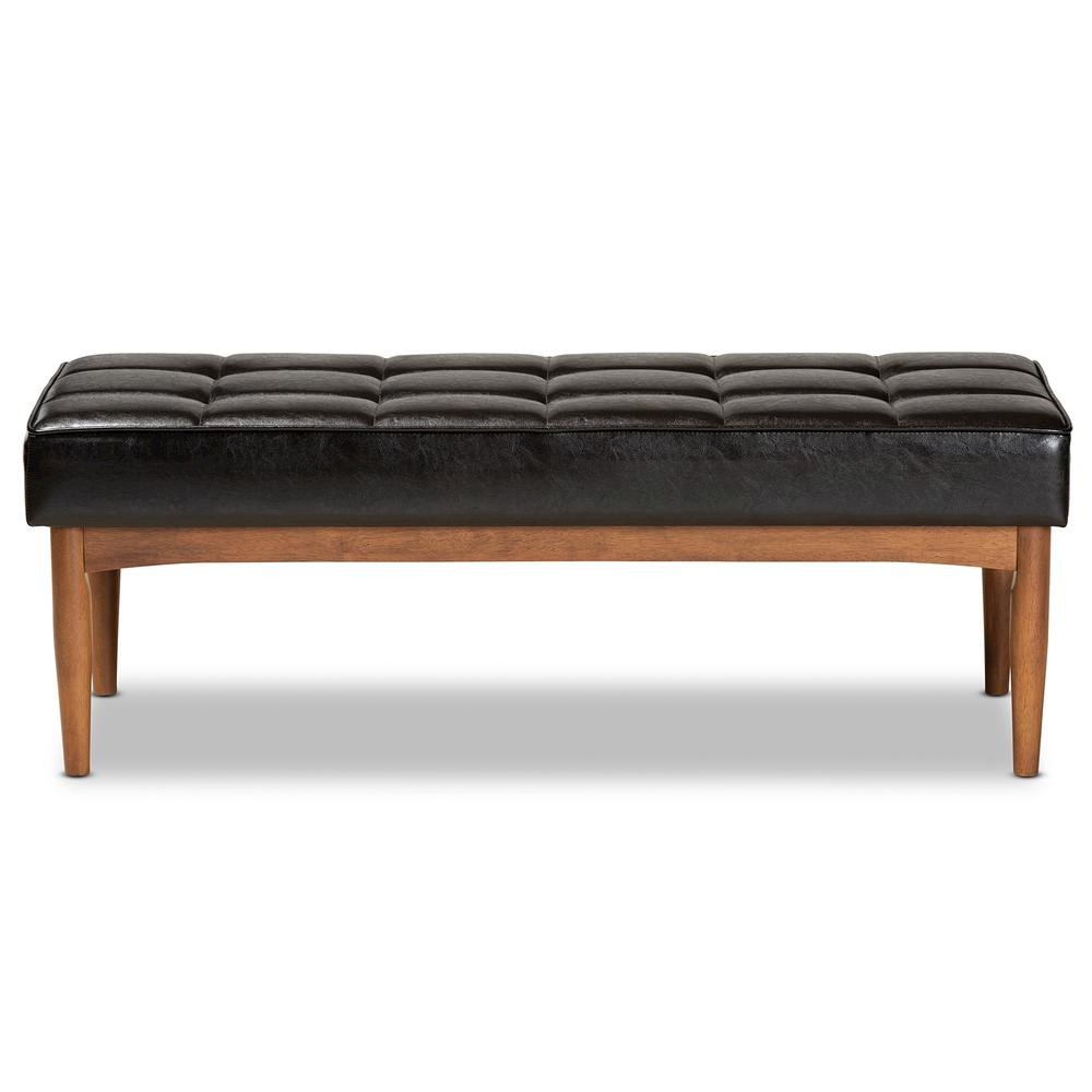 Leather Upholstered and Walnut Brown Finished Wood Dining Bench. Picture 10