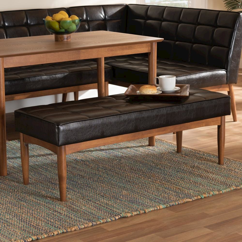 Leather Upholstered and Walnut Brown Finished Wood Dining Bench. Picture 14