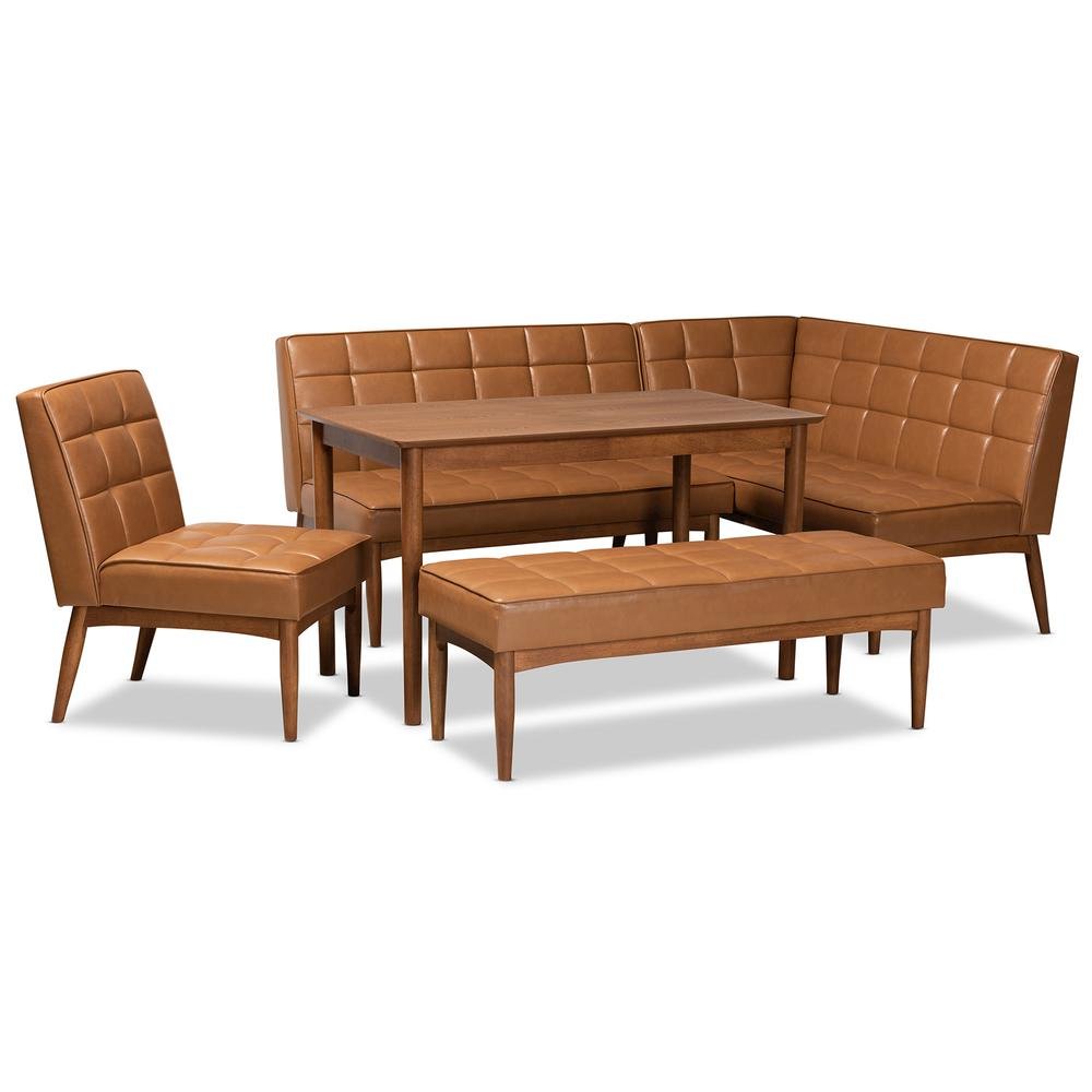 Leather Upholstered and Walnut Brown Finished Wood 5-Piece Dining Nook Set. Picture 13