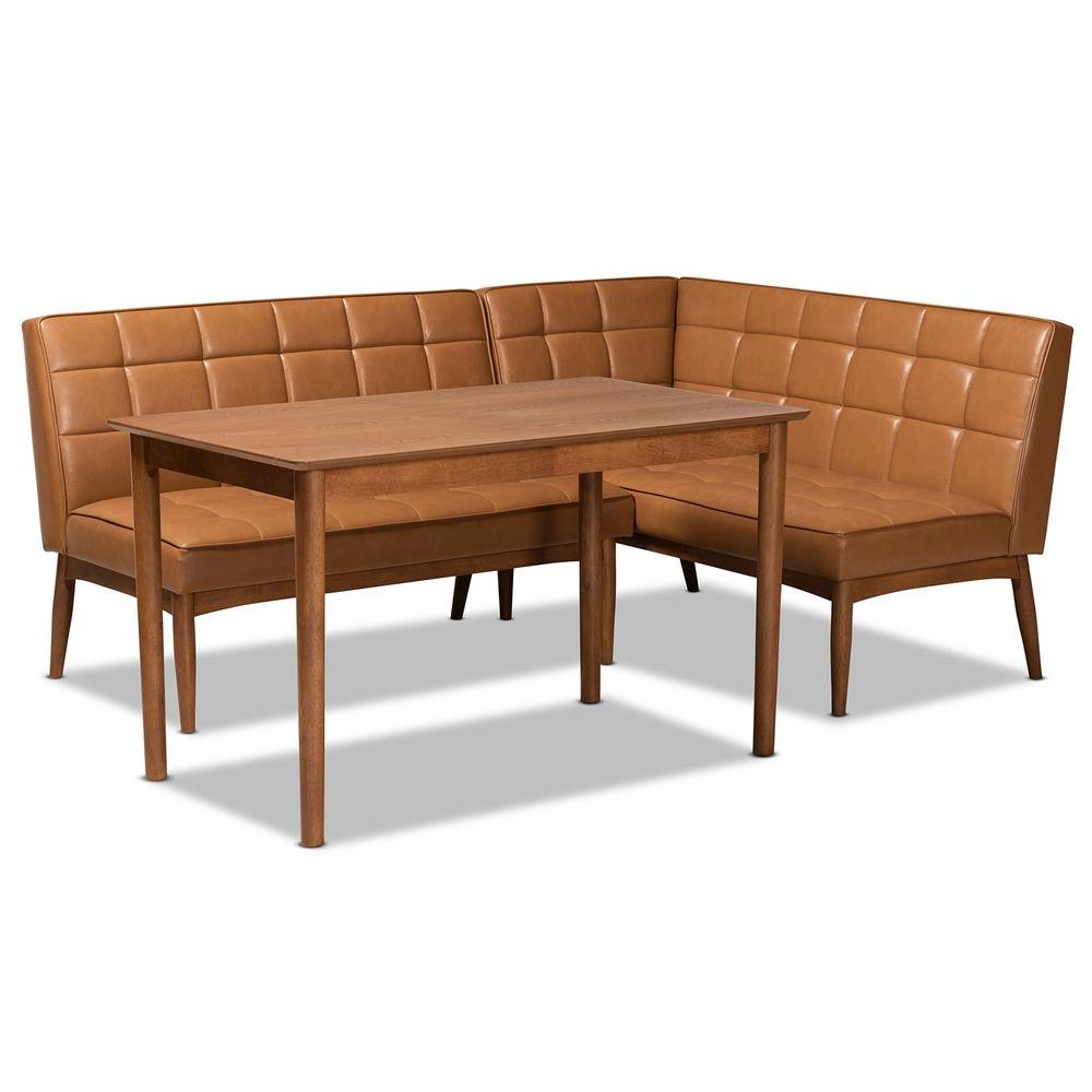 Leather Upholstered and Walnut Brown Finished Wood 3-Piece Dining Nook Set. Picture 11