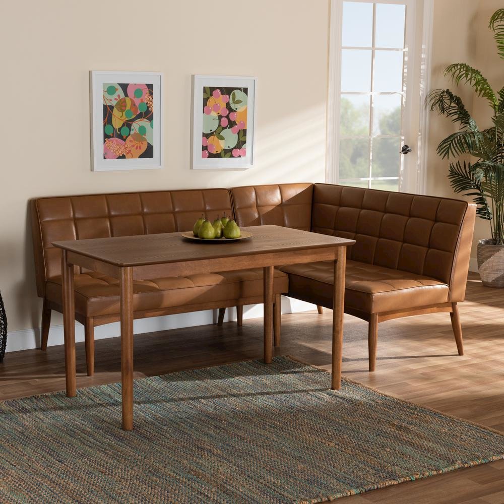 Leather Upholstered and Walnut Brown Finished Wood 3-Piece Dining Nook Set. Picture 18