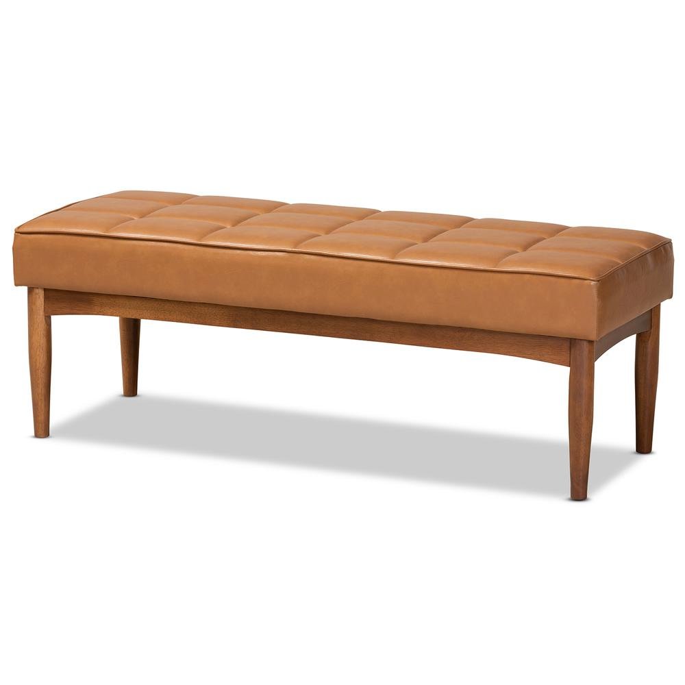 Leather Upholstered and Walnut Brown Finished Wood Dining Bench. Picture 9
