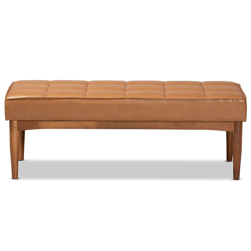 Leather Upholstered and Walnut Brown Finished Wood Dining Bench. Picture 10