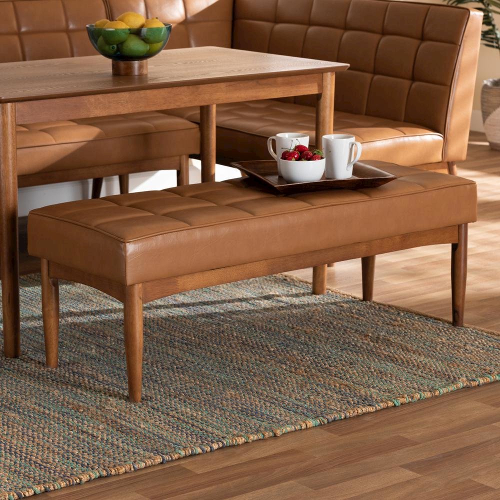 Leather Upholstered and Walnut Brown Finished Wood Dining Bench. Picture 14