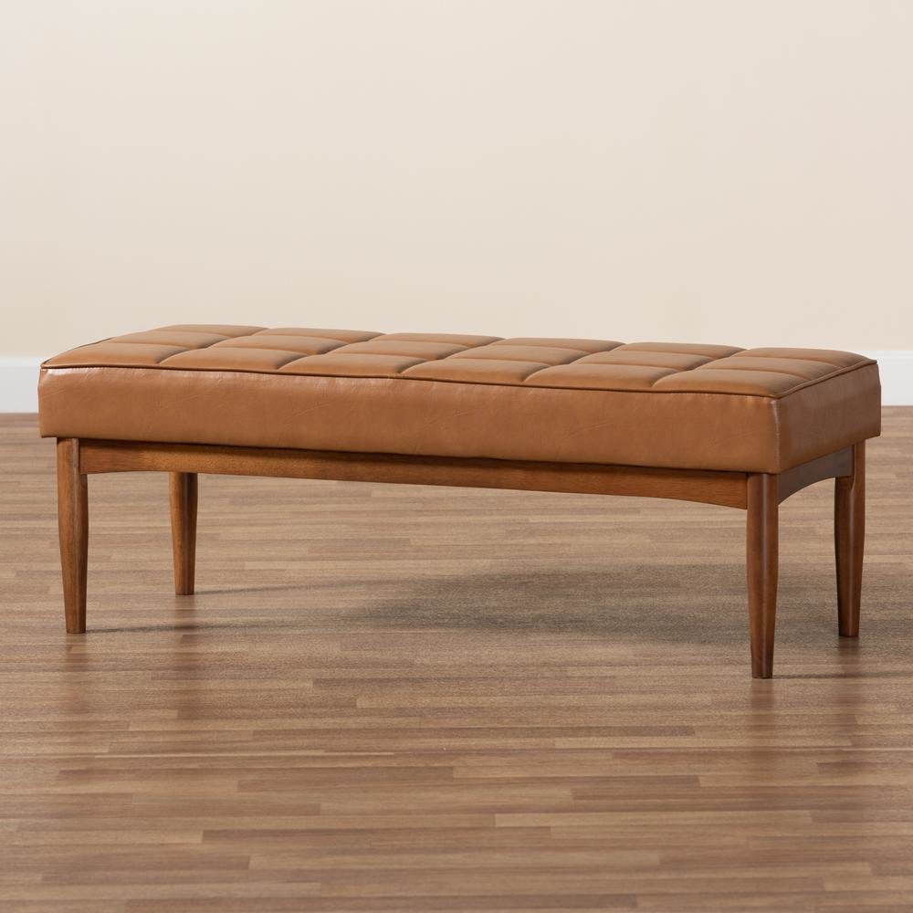 Leather Upholstered and Walnut Brown Finished Wood Dining Bench. Picture 15