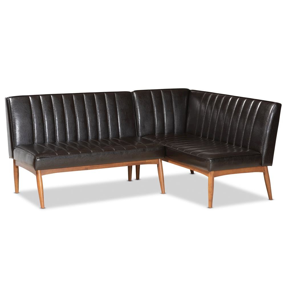 Leather Upholstered Walnut Brown Finished Wood 2-Piece Dining Nook Banquette Set. Picture 9
