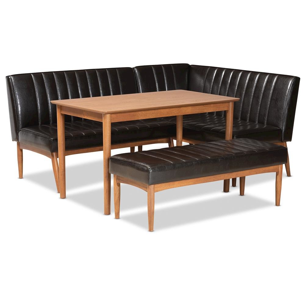 Leather Upholstered and Walnut Brown Finished Wood 4-Piece Dining Nook Set. Picture 12