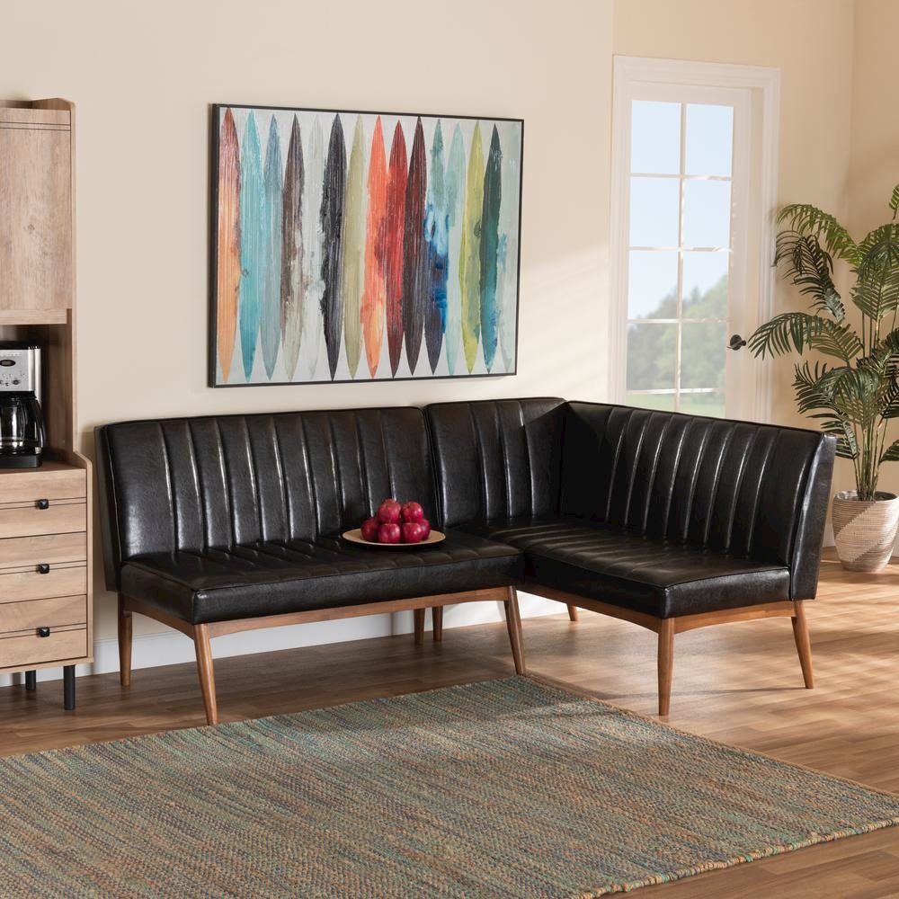 Leather Upholstered Walnut Brown Finished Wood 2-Piece Dining Nook Banquette Set. Picture 14