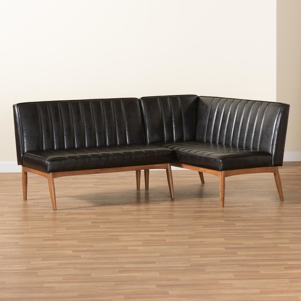 Leather Upholstered Walnut Brown Finished Wood 2-Piece Dining Nook Banquette Set. Picture 15