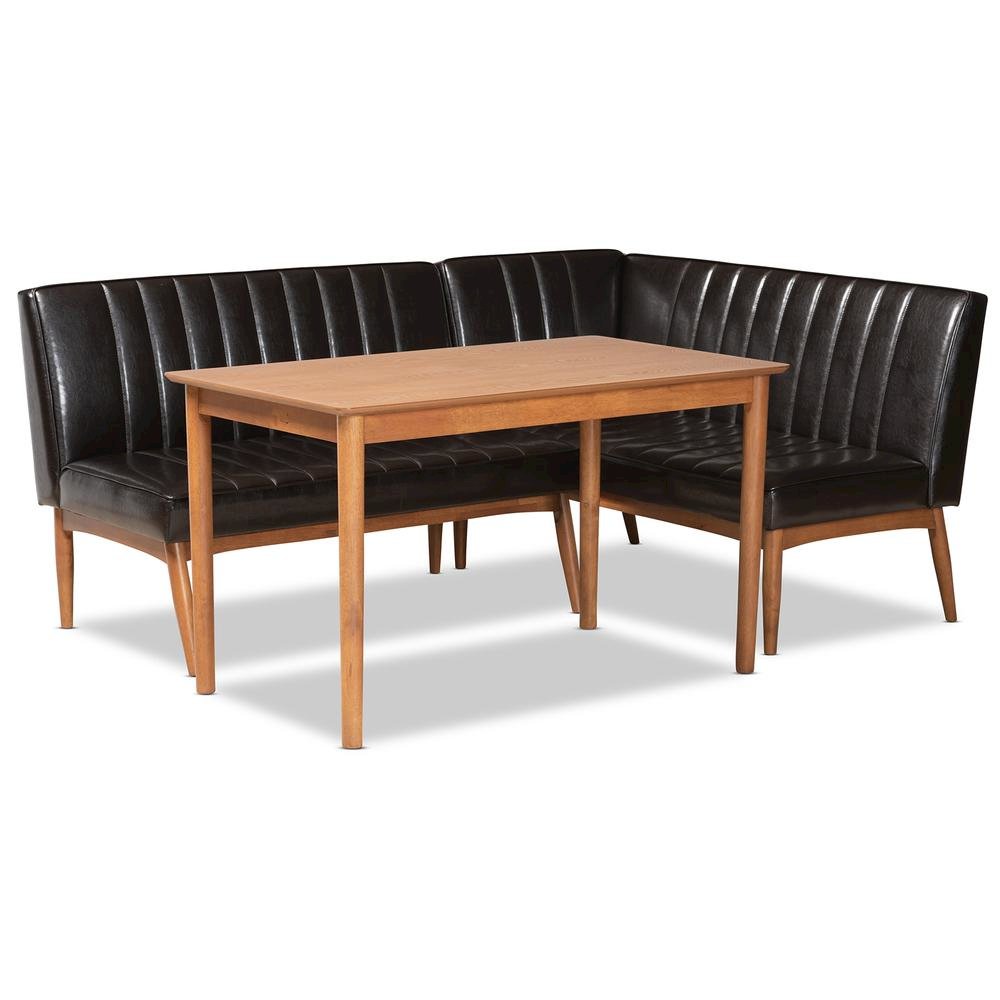 Leather Upholstered and Walnut Brown Finished Wood 3-Piece Dining Nook Set. Picture 11