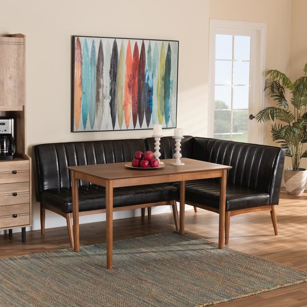 Leather Upholstered and Walnut Brown Finished Wood 3-Piece Dining Nook Set. Picture 18